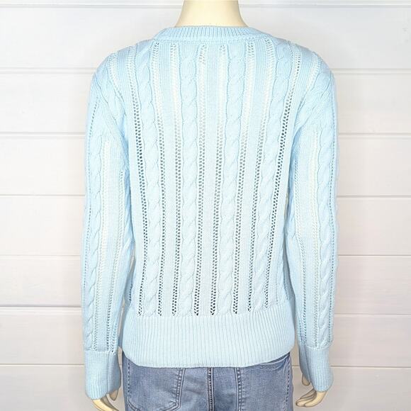 Talbots Open Knit Cable Crewneck Sweater Womens M Light Aqua Mint Coastal Preppy - Picture 4 of 11